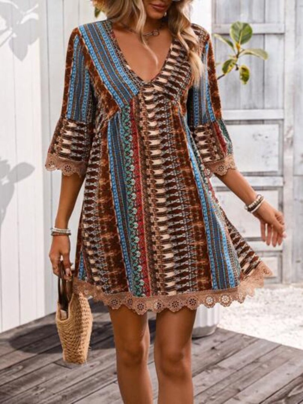 Lace Trim Teal Printed V-Neck 3/4 Sleeve Dress